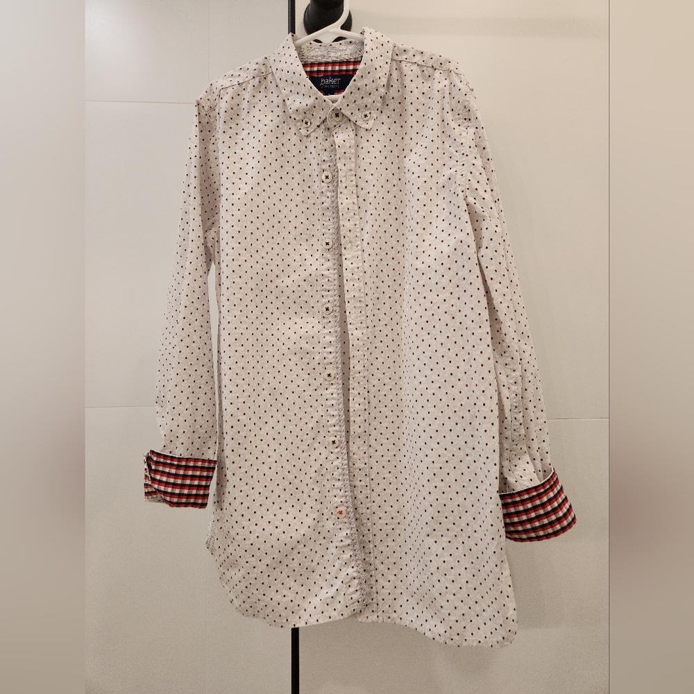 Ted Baker White and Red Polka Dot Shirt with Checked Cuffs Sz 12